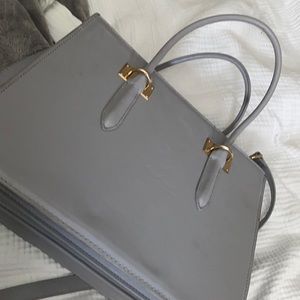 Blue grey Tote bag gold accents